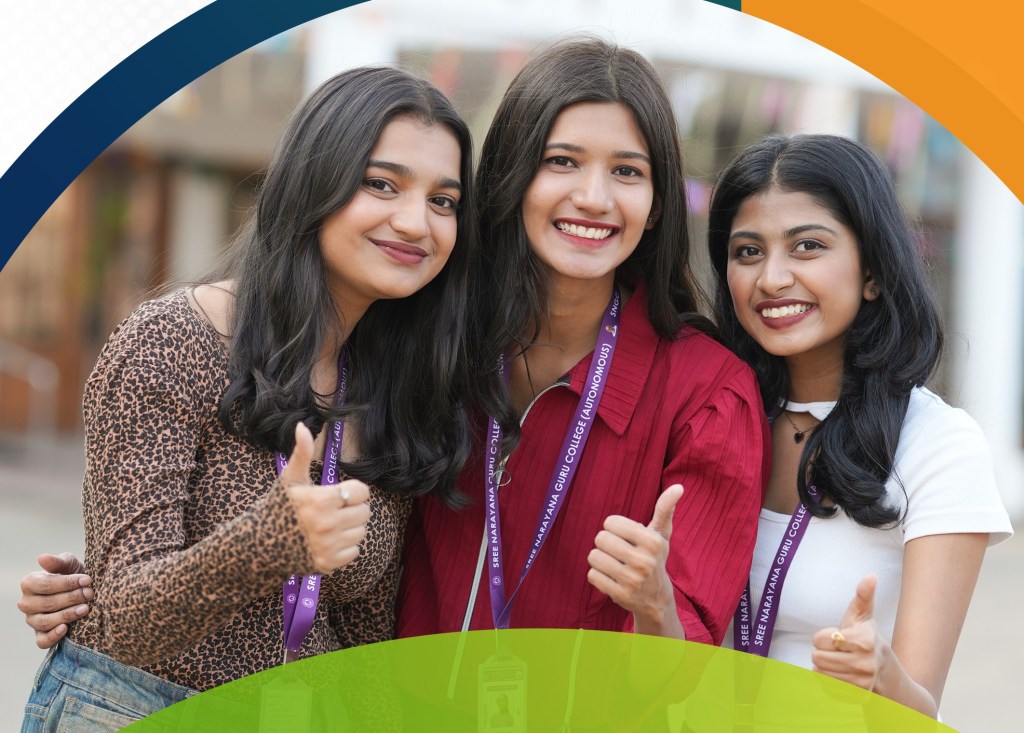 Three smiling young women posing together outdoors, wearing purple event lanyards with badges visible on their chests.